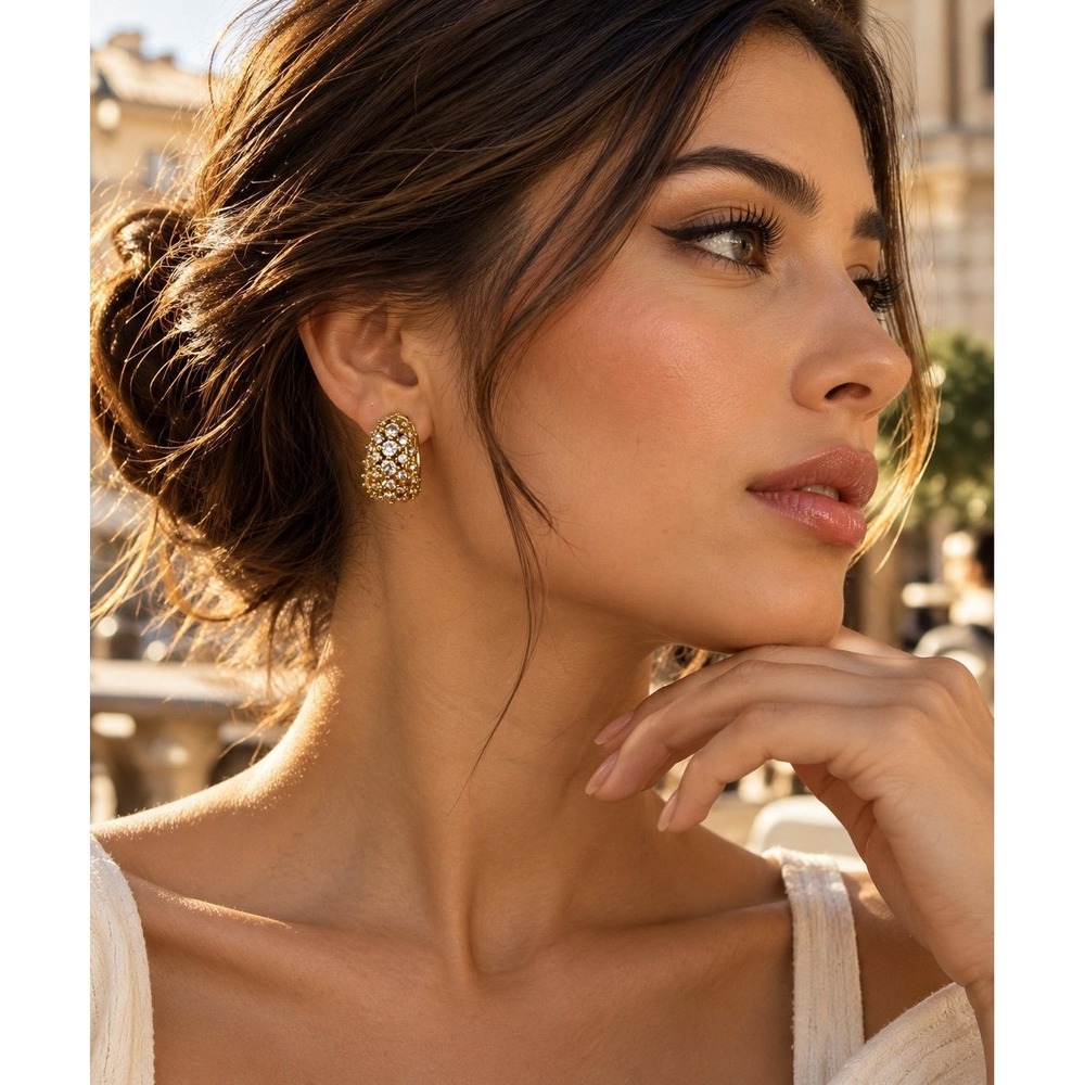 Gold Tone Crystal Huggie Hoop Earrings Pave Rhinestone Statement Jewelry NEW